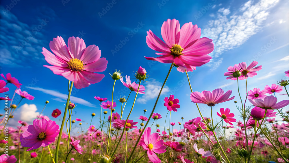 Beautiful pink cosmos flowers blooming in a natural setting under a bright blue sky, pink, cosmos, flowers, nature, blooming Beautiful pink cosmos flowers blooming in a natural setting under a bright blue sky, pink, cosmos, flowers, nature, blooming