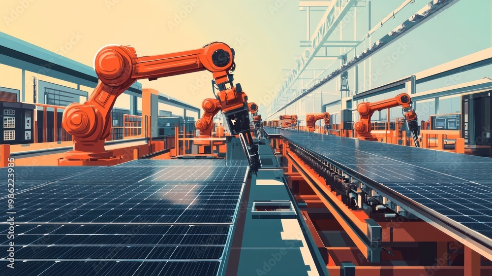 Robots working on an assembly line to build solar panels in a factory. Robots working on an assembly line to build solar panels in a factory.