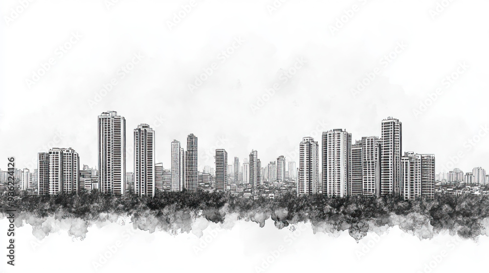 Obraz premium Gurgaon, India, black and white pen pencil hand-drawn effect drawing illustration for travel poster, card, wallpaper, backdrop or banner. Modern, clear, artistic and simple