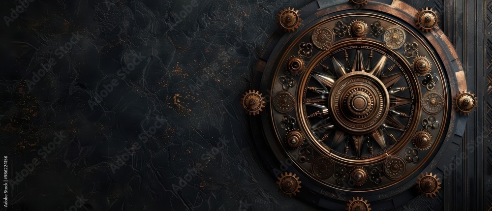 Naklejka premium Steampunk-inspired Wheel of Fortune with intricate brass and copper designs, industrial setting with old-world charm, dark tones