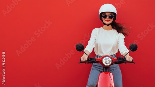 Woman in white shirt and sunglasses riding a red scooter against a red wall.