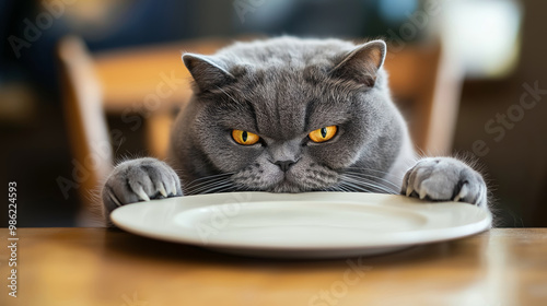 Hungry cat waiting for food, gray feline with intense eyes staring at empty plate, anticipation concept
