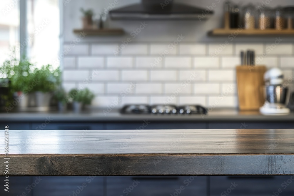 Modern kitchen countertop or tabletop with empty space over blurred kitchen in the background with generative ai Modern kitchen countertop or tabletop with empty space over blurred kitchen in the background with generative ai