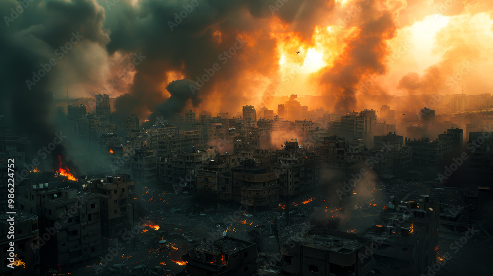 Fototapeta premium city under siege with smoke rising from multiple buildings, engulfed in flames and chaos. dramatic sky is filled with dark clouds and fiery sunset, creating haunting atmosphere