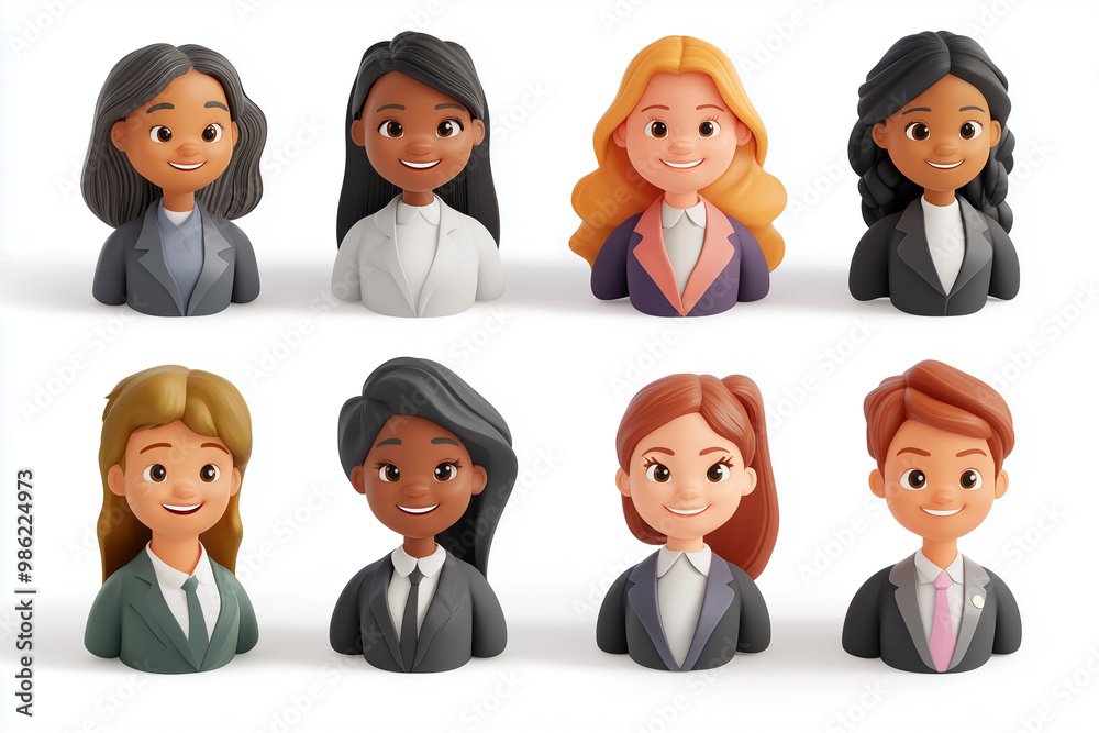Set of 8 happy diverse business person profile picture showing positive emotions on white background