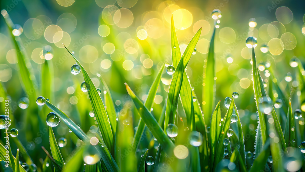 Fototapeta premium Morning dew glistening on vibrant green grass macro close-up, beautiful, large drops, fresh, dew, morning, juicy, grass