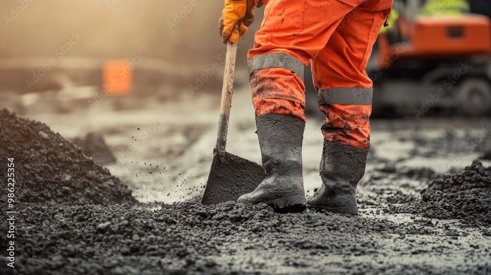 Close-up of construction worker's boots and shovel in dirt. Close-up of construction worker's boots and shovel in dirt.
