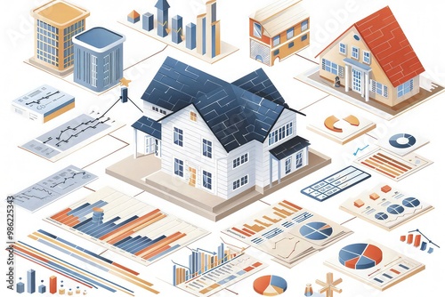 A detailed house at the center, surrounded by various types of financial graphs (line, bar, pie charts) showing market trends affecting real estate. isolated on white background. 