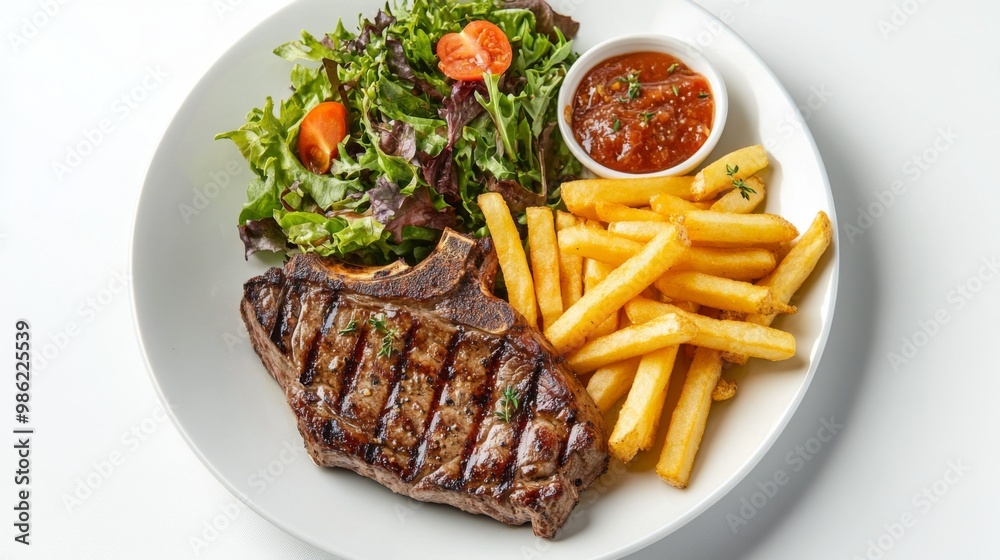 A plate of steak served with a side of crispy fries and a fresh salad, arranged elegantly on a white background to emphasize the vibrant colors and textures of the meal. A plate of steak served with a side of crispy fries and a fresh salad, arranged elegantly on a white background to emphasize the vibrant colors and textures of the meal.
