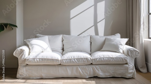 A white sofa with soft cushions in a minimalist living room.