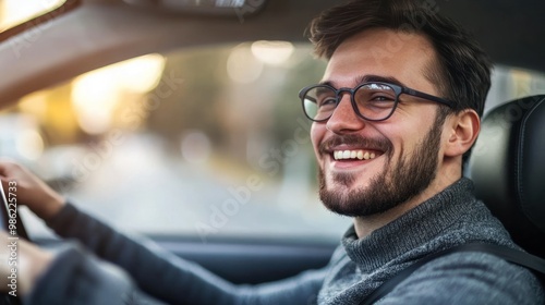 Happy man with beard driving car and looking at camera.