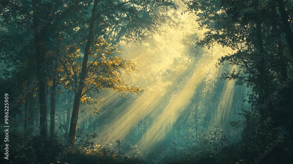 Fototapeta premium Sunbeams Illuminating a Misty Forest