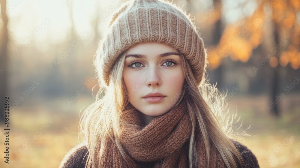 A young woman with long blonde hair and a brown knitted hat and scarf is looking at the camera in a park. A young woman with long blonde hair and a brown knitted hat and scarf is looking at the camera in a park.
