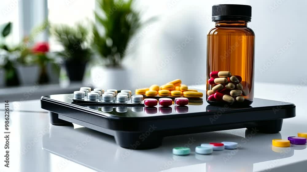 A scale with a pill bottle placed on the side, emphasizing the link between medication, weight management, and overall health and fitness