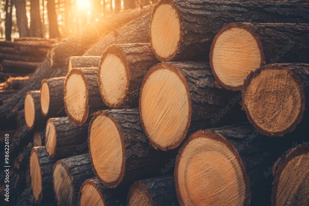 Massive tree trunks stacked in a lumberyard, bathed in harsh sunlight, creating a striking industrial background. This scene highlights the raw beauty of timber, with ample copy space to emphasize the Massive tree trunks stacked in a lumberyard, bathed in harsh sunlight, creating a striking industrial background. This scene highlights the raw beauty of timber, with ample copy space to emphasize the