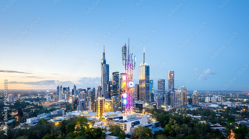 Obraz premium A modern city skyline illuminated at night, showcasing 5G towers integrated with smart city technology. The vibrant lights from the buildings reflect the innovation and connectivity brought by