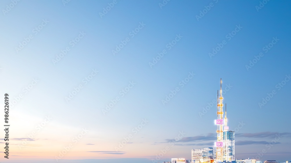 Obraz premium A modern city skyline illuminated at night, showcasing 5G towers integrated with smart city technology. The vibrant lights from the buildings reflect the innovation and connectivity brought by