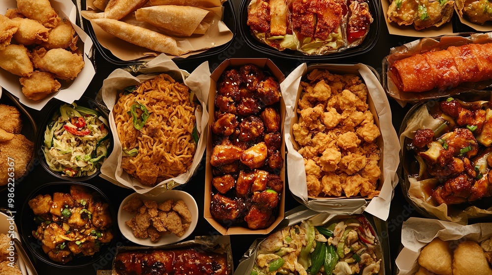 A vibrant assortment of delicious Asian dishes, featuring noodles, dumplings, and various savory entrees in stylish containers. A vibrant assortment of delicious Asian dishes, featuring noodles, dumplings, and various savory entrees in stylish containers.