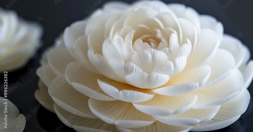 Close-up of a delicate, white carved flower with a soft, textured surface. Close-up of a delicate, white carved flower with a soft, textured surface.