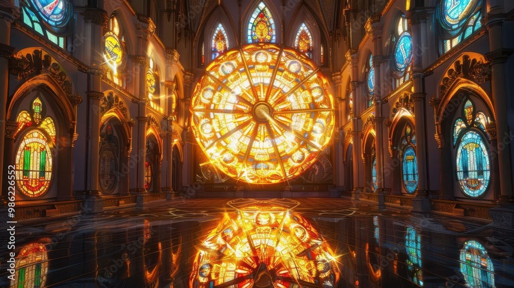 Obraz premium Wheel of Fortune made of stained glass, glowing with sunlight, set in a grand cathedral-like space, with detailed reflections