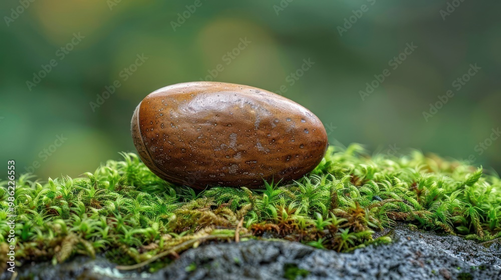 A single, brown acorn sits on a bed of green moss, with a blurred forest background. A single, brown acorn sits on a bed of green moss, with a blurred forest background.