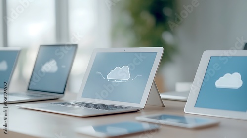 A close-up of multiple connected devices such as laptops, tablets, and smartphones, all displaying cloud-related graphics on their screens. The sharp focus draws attention to the seamless integration