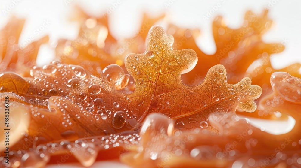 Close-up of red seaweed leaves with water droplets. Close-up of red seaweed leaves with water droplets.
