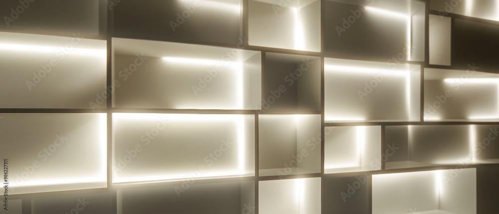 A wall with shelves and lighted shelves A wall with shelves and lighted shelves