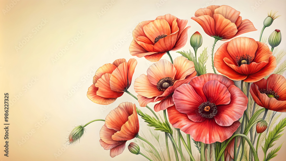 Fototapeta premium Detailed sketch of a bouquet of poppies, poppies, flowers, nature, vibrant, red, sketch, botanical, artistic, detailed, drawing
