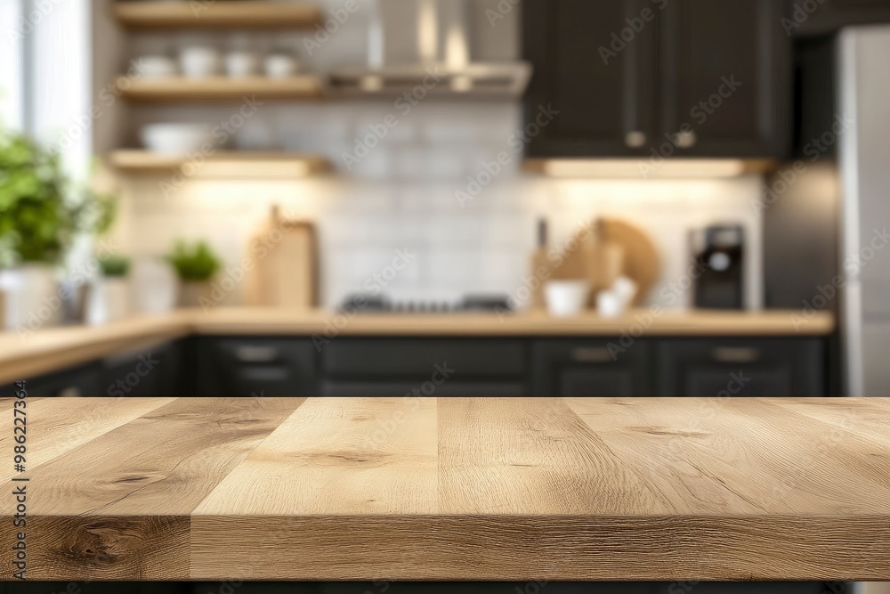 Modern kitchen countertop or tabletop with empty space over blurred kitchen in the background with generative ai