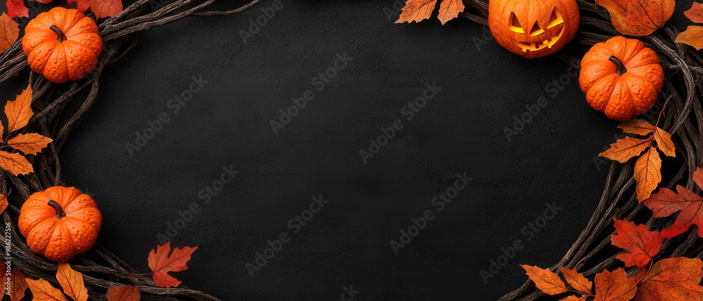 A spooky Halloween wreath made of twisted branches, dried leaves, and tiny glowing pumpkins, in soft watercolor tones