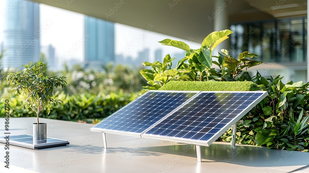 Fototapeta premium An innovative home equipped with solar panels and a green roof, surrounded by lush vegetation. The depth of field draws attention to the eco-friendly features of the house while keeping the