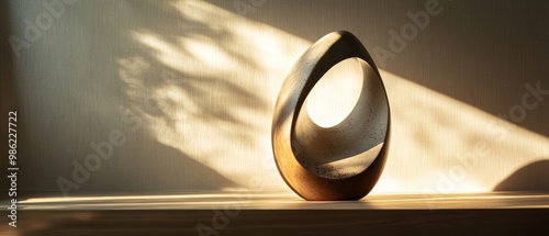 A sculpture of a circle sits on a shelf in the sunlight