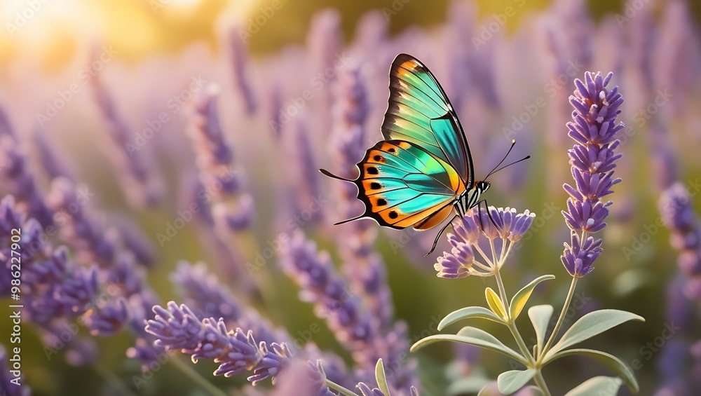 This exquisite photograph captures a delicate butterfly gently landing on a vibrant lavender plant, creating a serene and inviting scene. This exquisite photograph captures a delicate butterfly gently landing on a vibrant lavender plant, creating a serene and inviting scene.