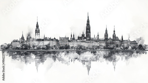 Hanover, Germany, black and white pen pencil hand-drawn effect drawing illustration for travel poster, card, wallpaper, backdrop or banner. Modern, clear, artistic and simple