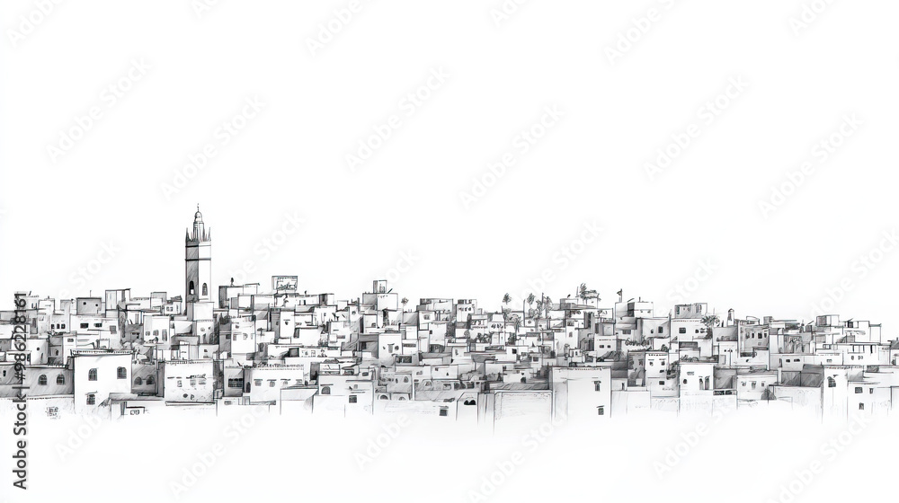 Obraz premium Harar, Ethiopia, black and white pen pencil hand-drawn effect drawing illustration for travel poster, card, wallpaper, backdrop or banner. Modern, clear, artistic and simple