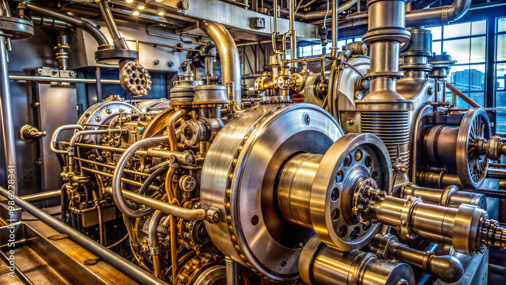 Intricate golden ship engine machinery gleaming with industrial complexity Intricate golden ship engine machinery gleaming with industrial complexity