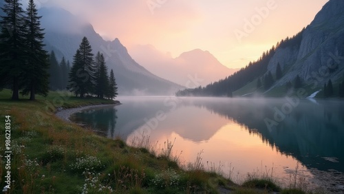 Generative AI, a boat is sitting on the water near a dock with a bench in the foreground and a mountain in the background, lake, a stock photo, german romanticism 