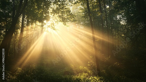 Sunbeams Illuminating a Misty Forest Path