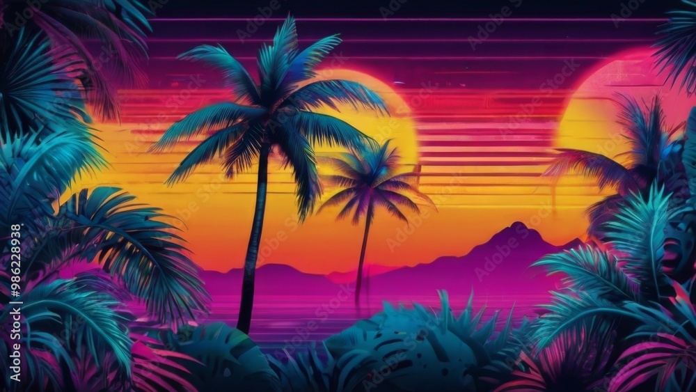 Retro image of the tropics, in neon light.