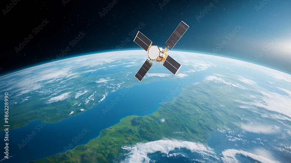 An intricately designed satellite hovering above Earth, highlighted against the vibrant blue and green planet, demonstrating cutting-edge technology and engineering marvels. Product photography with
