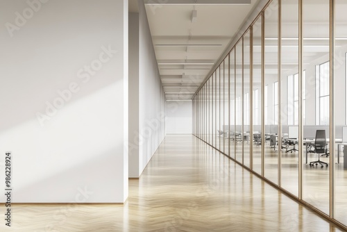 Modern spacious office aisle with co-working space and empty white wall. company office building with generative ai