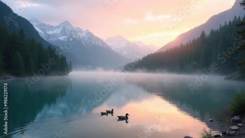 Generative AI, a boat is sitting on the water near a dock with a bench in the foreground and a mountain in the background, lake, a stock photo, german romanticism

