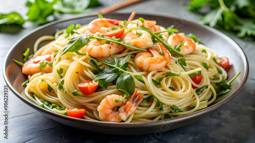 A close-up shot of spaghetti Aglio e Olio topped with shrimp and arugula, spaghetti, Aglio e Olio, shrimp, arugula photo