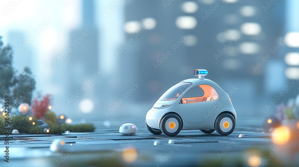 An autonomous vehicle parked in a futuristic urban environment, with robotic features and glowing elements, inviting viewers to imagine the potential of advanced mobility solutions in a smart city. An autonomous vehicle parked in a futuristic urban environment, with robotic features and glowing elements, inviting viewers to imagine the potential of advanced mobility solutions in a smart city.