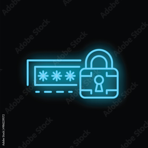Blue neon icon of a padlock securing a password field, emphasizing online security and data protection