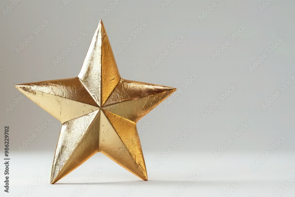 A golden star with a slight tilt, allowing the viewer to appreciate its dimensional qualities and the reflective sheen of its polished surface, set in a minimalist setting for maximum impact. A golden star with a slight tilt, allowing the viewer to appreciate its dimensional qualities and the reflective sheen of its polished surface, set in a minimalist setting for maximum impact.