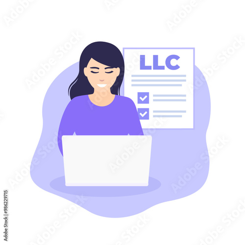 LLC, Limited Liability Company registration vector illustration with happy woman