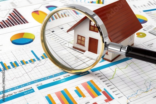 A graphic design of a house under a magnifying glass, surrounded by financial graphs and figures, analyzing the factors affecting property investments. isolated on white background.  photo