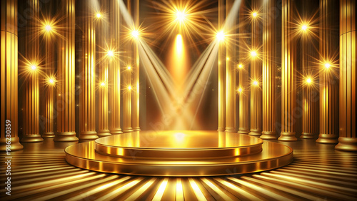 Golden stage background with symmetrical pillars and rays of light forming an abstract shape , golden
